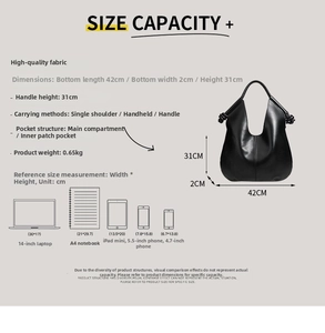 Detailed dimension chart for large black faux leather tote bag with product measurements