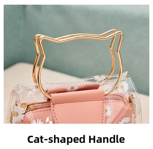 Detail of cat-shaped gold metal handle on transparent daisy print jelly tote bag