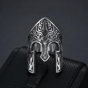 Retro spartan helmet ring for men in stainless steel with vintage floral carvings