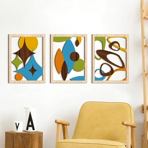 Arte murale in legno moderna con motivi geometrici astratti e ritagli colorati set