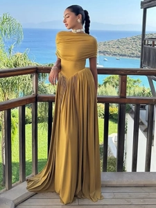 Elegant mustard yellow off-shoulder bodycon long dress with pleated details for women
