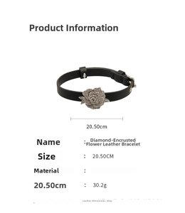 Details zum Strass-Blumen-Lederarmband mit Angaben zu Größe, Gewicht und Material
