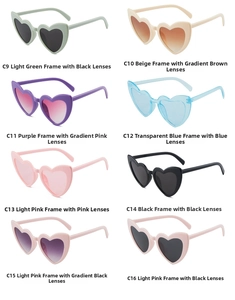 Detailed grid showing heart-shaped sunglasses in eight assorted frame and lens colors