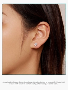 Close-up of elegant s925 silver flower stud earring with sparkling cubic zirconia on model