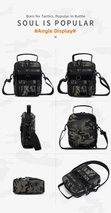 Detailed views of jungle camo tactical crossbody bag showing MOLLE system and pockets