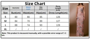 Size chart for women's slim mesh butterfly print dress with S-XL measurements in cm