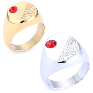 Vintage Signet Ring Stainless Steel With Red Rhinestone Carved Feather Pattern Polished Retro Style For Men Unisex
