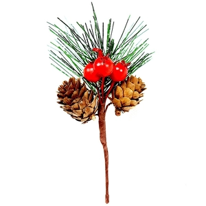 Detail showing artificial red berries, pine cones and green needles for Christmas decor