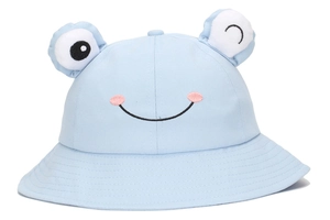Close-up of cute light blue frog bucket hat for kids with 3D eyes and wide brim