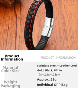 Detail of multi-layer braided leather bracelet with stainless steel magnetic clasp