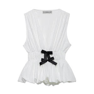 Haut À Basque Sans Manches Doux Pour Femmes Blouse Plissée À Col En V Avec Décor De Nœud Noir Texturé Élégant