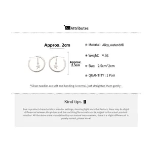 Detailed size specifications of silver C-shaped star hoop earrings with dimensions