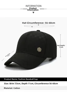 Detail view of cotton baseball cap with checkered pattern and dimensions labeling