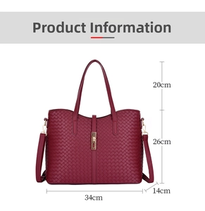 Tableau des tailles détaillé pour sac cabas tressé bordeaux avec dimensions précises