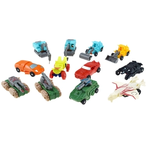 Set of 11 transformer toy vehicles including excavators and tanks on white background
