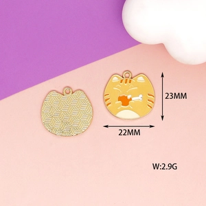 Detailed view of orange tabby cat enamel charm measuring 23mm by 22mm with golden back