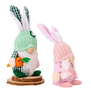 Pair of Easter bunny gnome decorations with knitted hats in mint green and sakura pink