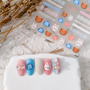 3D Relief Nail Stickers Cute Cartoon Bear Rabbit Pattern Embossed Knitting Sweater Texture Self Adhesive DIY Decals
