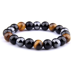 Detail showing tiger eye, black agate, and hematite beads in a beaded bracelet