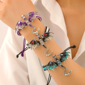 Retro colorful dragon charm bracelets with woven cords and sparkling zircon stones