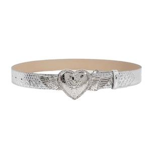 Silver faux snakeskin belt with a large metal heart and wings buckle on white background