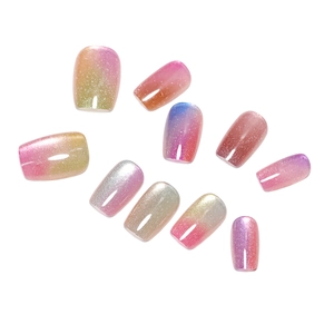 Rainbow cat eye press-on nails with colorful gradient glitter and glossy magnetic finish