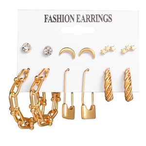 Set of 6 pairs of gold-toned earrings featuring rhinestone studs, crescent moons and chain hoops