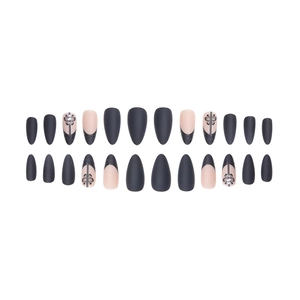 Matte almond press-on nails in grey and pink with floral patterns and rhinestones