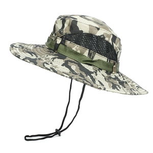 Detailed side view of camouflage outdoor sun hat with breathable mesh and chin strap