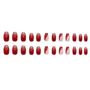 Set unghie finte ballerina francese bordeaux con glitter e decorazioni a fiori bianchi