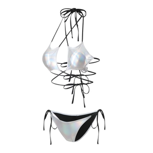Macro view of metallic star-shaped cups and holographic laser finish of the bikini set