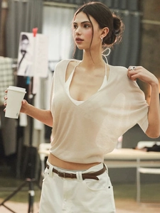 Elegant beige V-neck long sleeve sheer top with waist-tie detail for women
