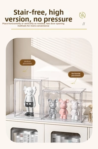 Clear acrylic storage box showing horizontal and vertical placement with door detail