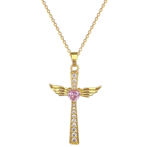 Gold stainless steel wing cross necklace with pink heart gem and sparkling crystals