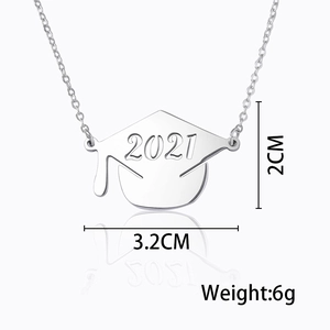 Stainless steel graduation cap pendant necklace with 2024 engraving and silver finish