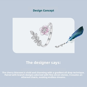 Detailed S925 silver cherry blossom ring design with gradient pink enamel and zircon
