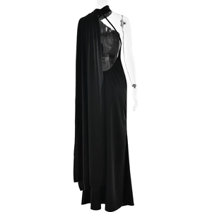 Detail of black one-shoulder maxi dress with elegant asymmetrical drape and slim fit cut