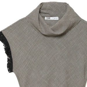 Women houndstooth top with stand-up collar and black lace trim on the sleeves