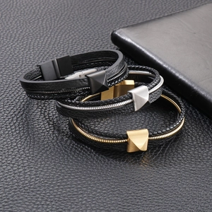 Bracelet Homme Cuir Multicouche Acier Inoxydable Fermoir Magnétique Chaîne Serpent Corde Tressée Rivet Pyramide Punk Bijoux