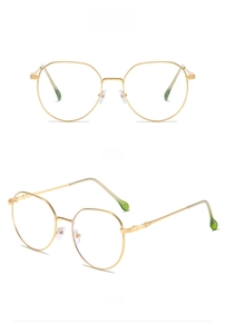 Detailed front and side view of gold polygonal metal anti-blue light glasses frames