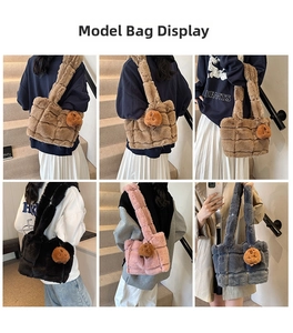 Detail of four fluffy quilted tote bags with cute bear charms in brown, black, pink, and grey