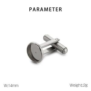 Detailed macro view showing the 14mm round stainless steel cufflink base and dimensions