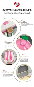 Detail of pink strawberry kids backpack showing breathable straps and internal mesh compartment