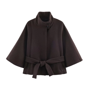 Women Chic Short Coat Woolen Texture Stand Collar Wide Sleeves Fashionable Belted Outerwear Solid Coffee