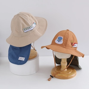 Kids quick-dry sun hat with embroidered animals, wide brim and neck flap protection