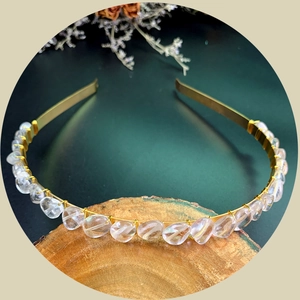 Handmade golden crown headband with natural white crystal raw stones for weddings
