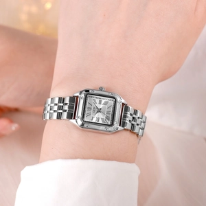 Elegant silver square quartz watch for women with roman numerals and metallic link bracelet