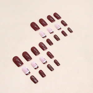 Sparkling dark wine red Christmas press-on nails with glitter and French tip design