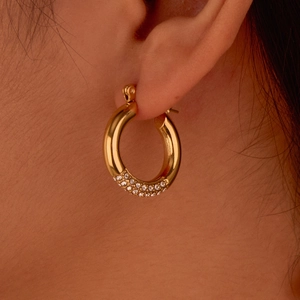 Fashion Hoop Earrings Stainless Steel 18K Gold Plated Round Cubic Zirconia Pavé Sparkling Jewelry For Women
