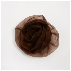 Detailed view of the layered dark coffee mesh fabric rose flower brooch accessory